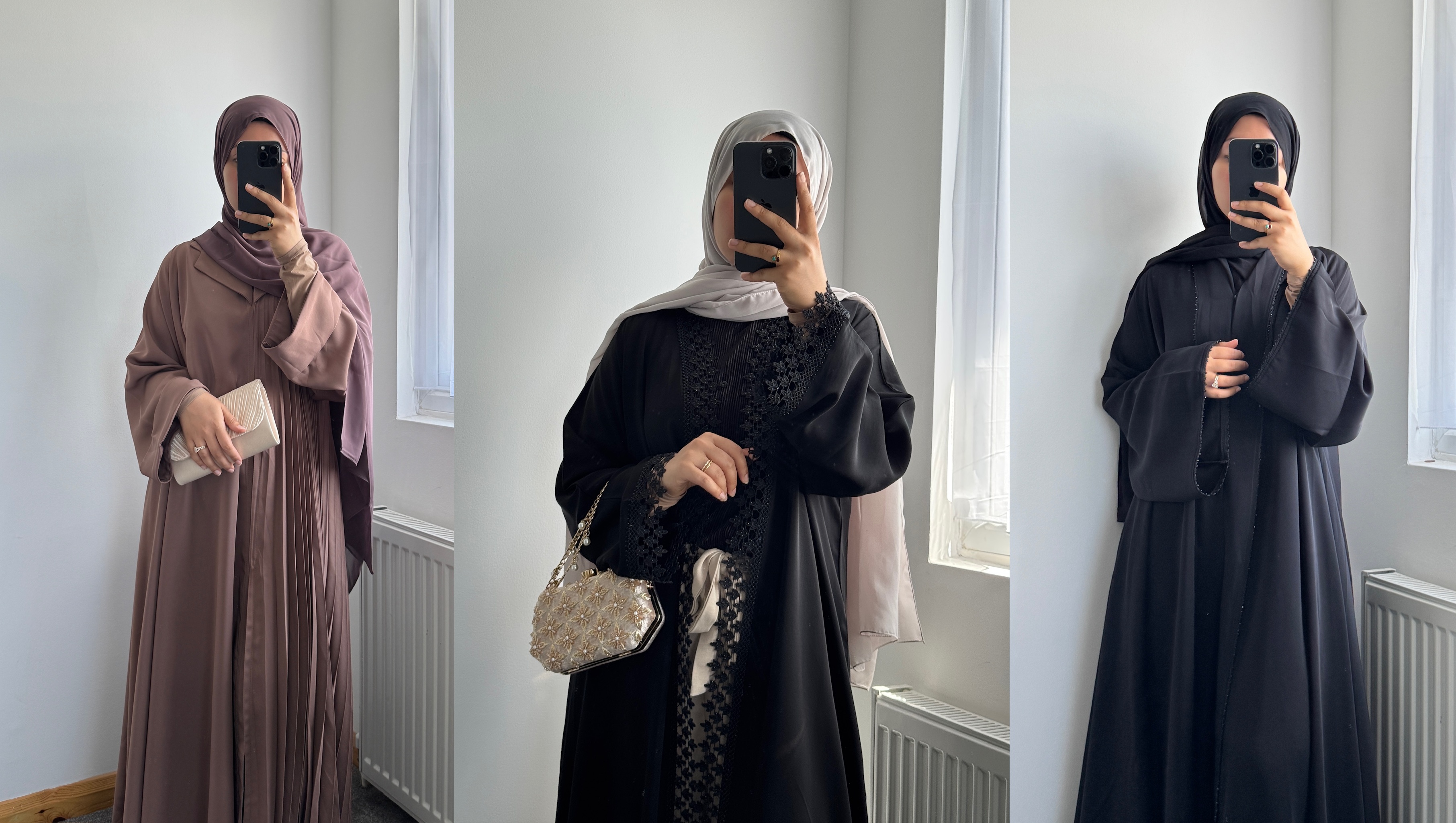 Three Ridha abayas styled with hijabs and accessories